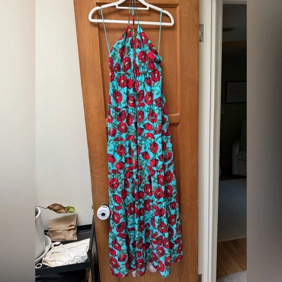 Alice & Olivia Mae Halter Tiered Maxi Dress in Beach Bliss Aqua - Picture 1 of 4